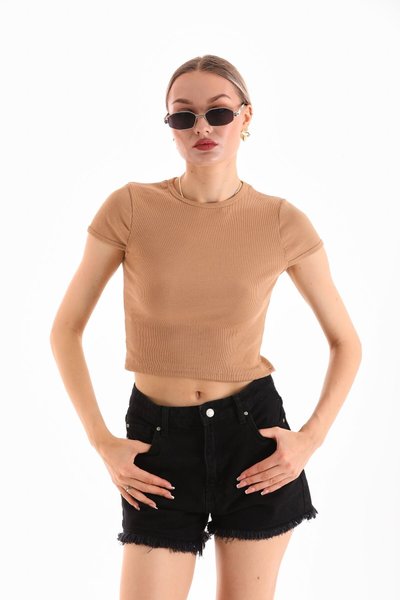 Camel Likralı Kısa Kol Crop Bluz