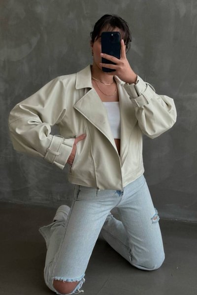 Ekru Balon Kol Oversize Deri Ceket