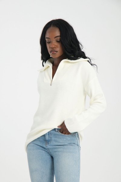 Ekru Fermuarlı Premium Oversize Triko Kazak