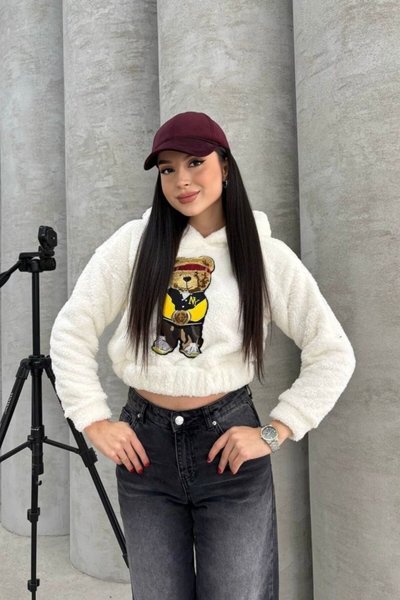 Ekru Kapüşonlu Peluş Ayı Nakışlı Crop Sweatshirt