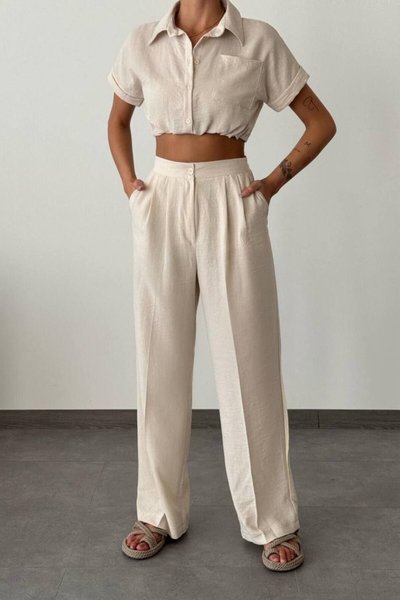 Ekru Keten Crop Gömlek Palazzon Pantolon İkili Takım