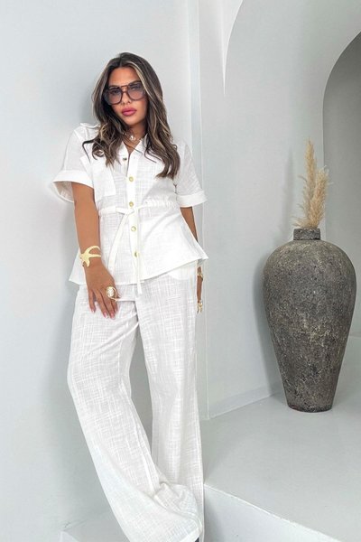 Ekru Keten Doku Pamuk Kumaş Büzgülü İkili Takım