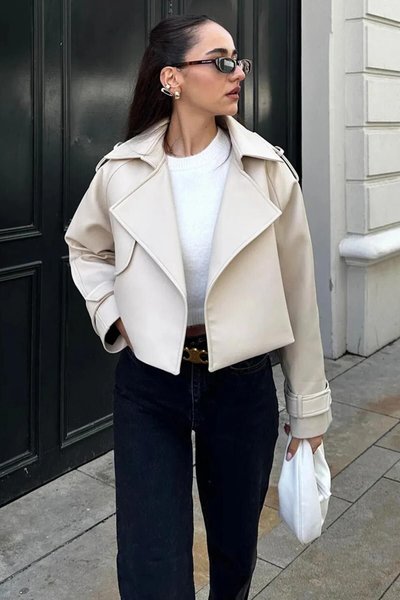 Ekru Oversize Deri Ceket