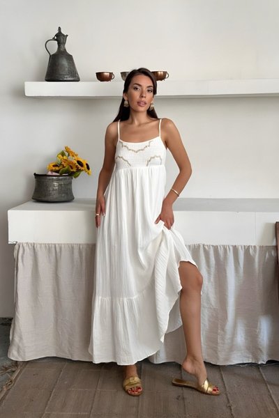 Ecru Long Strapped Front Patterned Dress