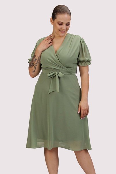 Pistachio Green Midi Wrap Belted Plus Size Chiffon Dress