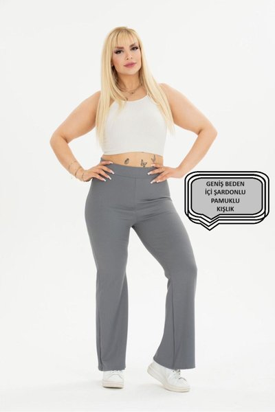 Füme Kışlık İçi Şardon Pamuklu Büyük Beden Fitilli İspanyol Paça Pantolon Tayt