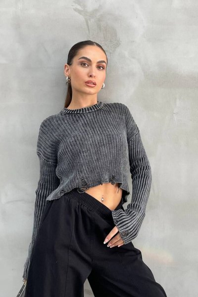 Füme Yırtıklı Triko Crop Kazak
