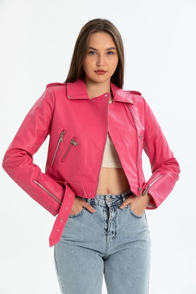 Fuchsia Belted Leather Slim Fit Jacket