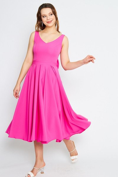 Fuchsia Midi Dress with Bow Back, Decorative Buttons, V-Neck, Pleated Flared Evening Dress