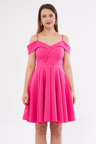 Fuchsia Mini Strappy Off-Shoulder Pleated Flared Evening Dress