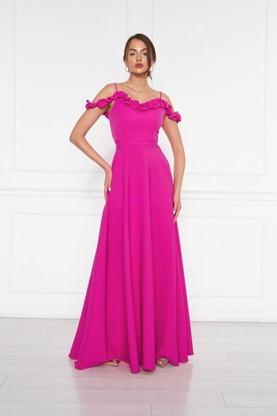 Fuchsia Long Adjustable Strap Ruffle Detail Woven Fabric Flared Evening Dress