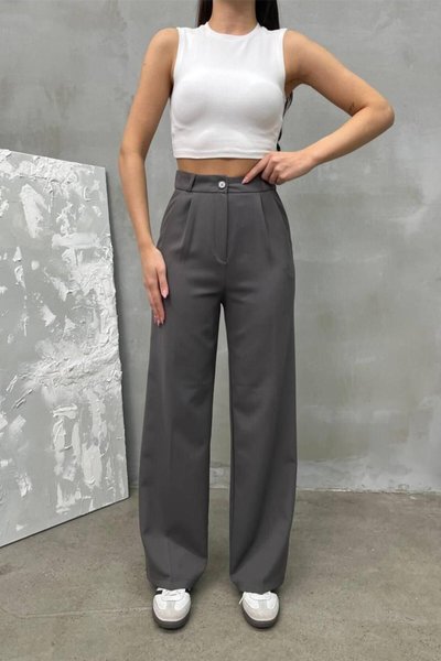 Grey Anthracite Palazzo Double Fabric Pants