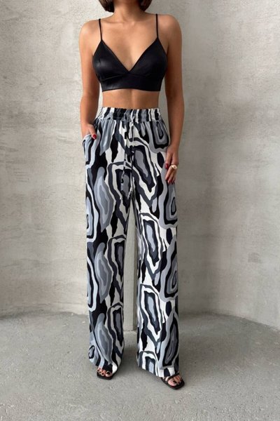 Gray Patterned Wide Leg Viscose Pants