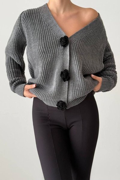 Gri Düğme Detay Oversize Hırka