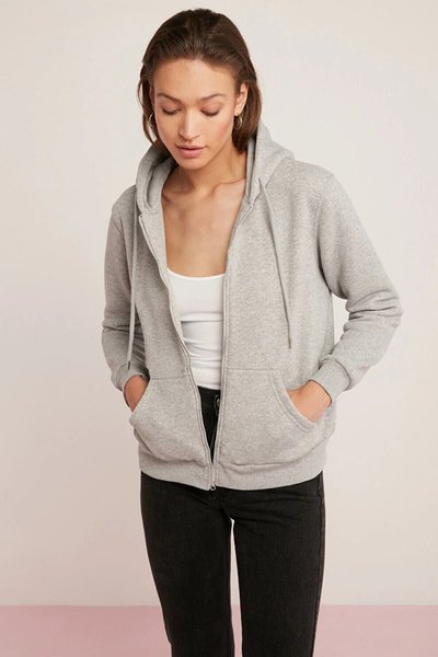 Gray Hooded Zippered Three-Thread Fleece Oversize Loose Sweatshirt