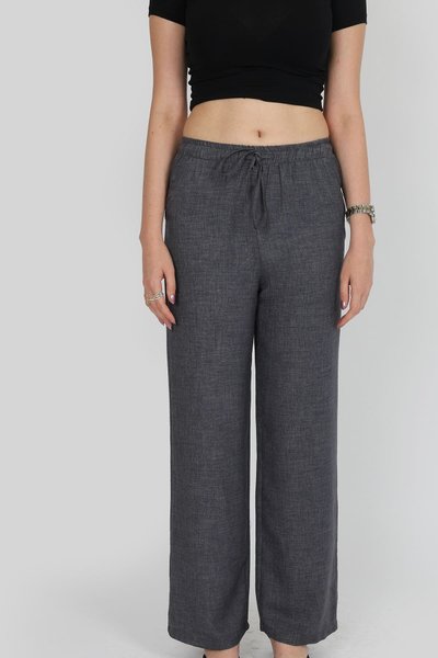 Gri Keten Bağcıklı Pantolon
