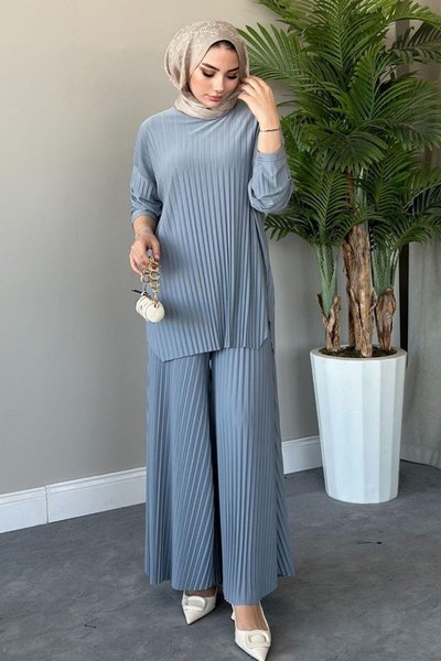 Gri Komple Kendinden Piliseli Sandy İkili Tesettür Takım