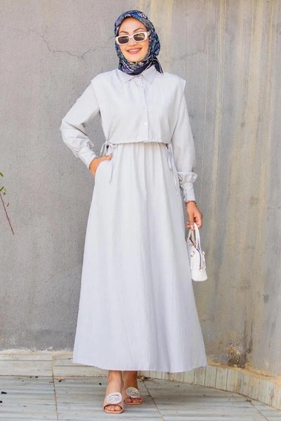 Gri Kreş Yazlık Kumaş Üst Cep Detay Tesettür Elbise Boy:135cm