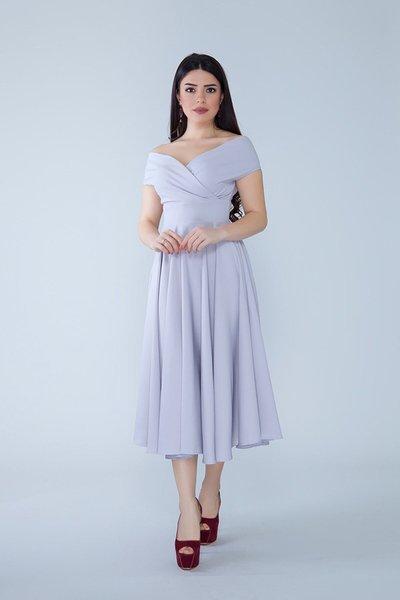 Gray Midi Boat Neck Flared Woven Draped Fabric Evening Dress