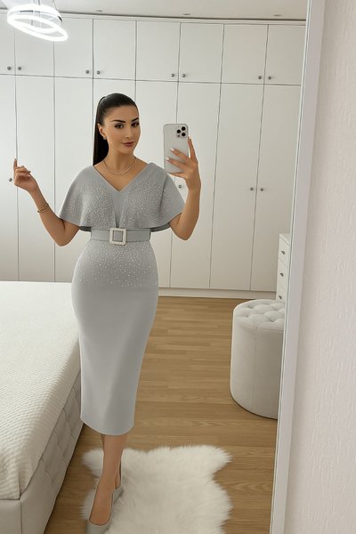 Grey Midi Scuba Fabric Belted Dress with Stone Detail