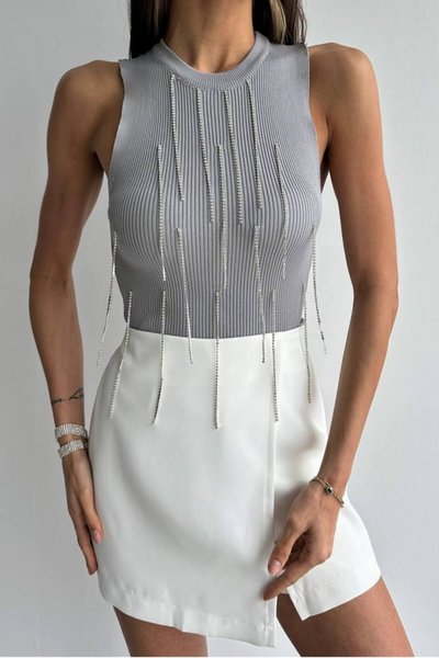 Gray Stone Detailed Crop Knit