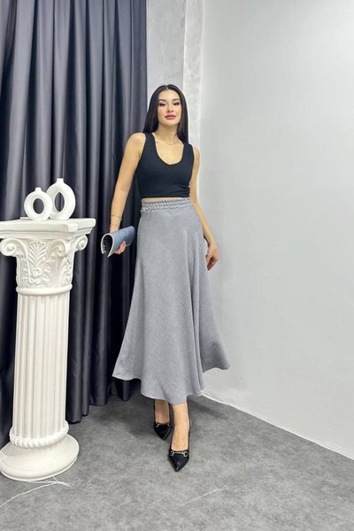 Gri Uzun Keten Kloş Etek