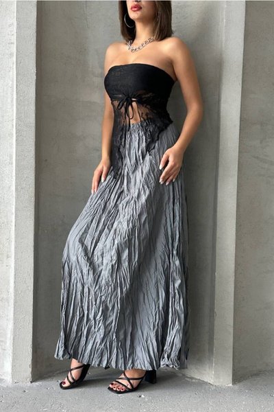 Gray Long Crinkled Skirt