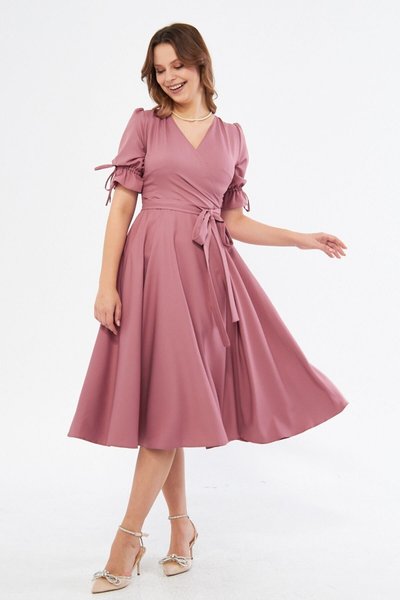 Rose Dry Midi Double-Breasted Gathered Short Sleeve Elastic Sleeve Belted Evening Dress