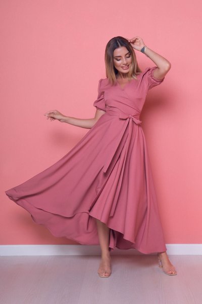 Gül Kurusu Uzun Asimetrik Kesim Önü Kısa Arkası Kruvaze Yaka Elbise