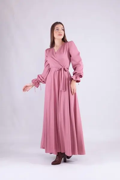 Gül Kurusu Uzun Kruvaze Yaka Kol Tesettür Elbise