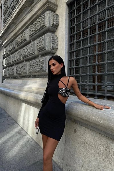 Gümüş Mini Tek Omuzlu Silva Gögüs Payet Tasarım Abiye Elbise