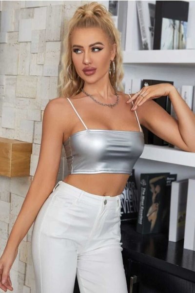Gümüş Parti Büstiyer İnce Askılı Deri Crop