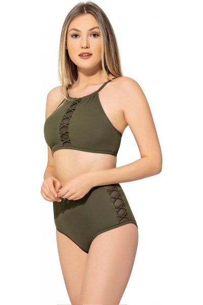 Haki Bağcıklı Tül Detaylı Yüksek Bel Bikini Takım