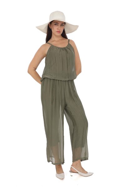 Khaki Italian Strap Silk Jumpsuit