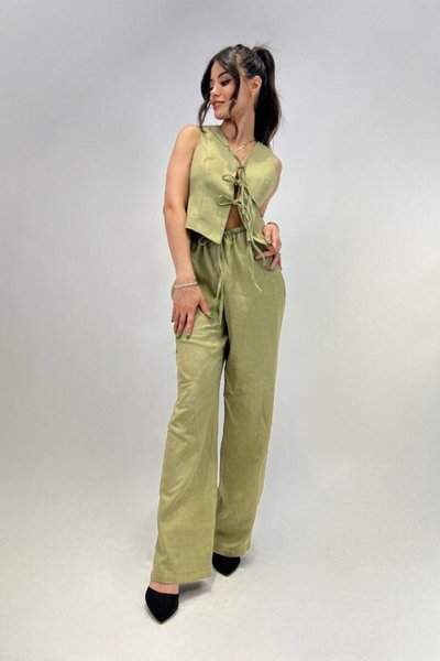 Khaki Linen Tie-Front Vest Thin Belt High Waist Palazzo Pants Two-Piece Set