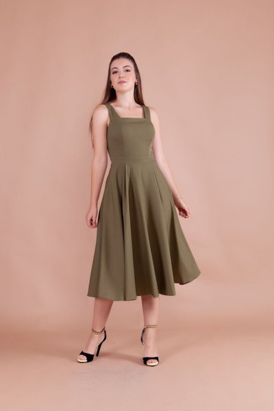 Khaki Midi Strappy Square Neck Dress