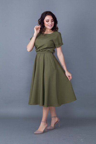 Khaki Midi Elastic Waist Pocketed Batwing Sleeve Dress