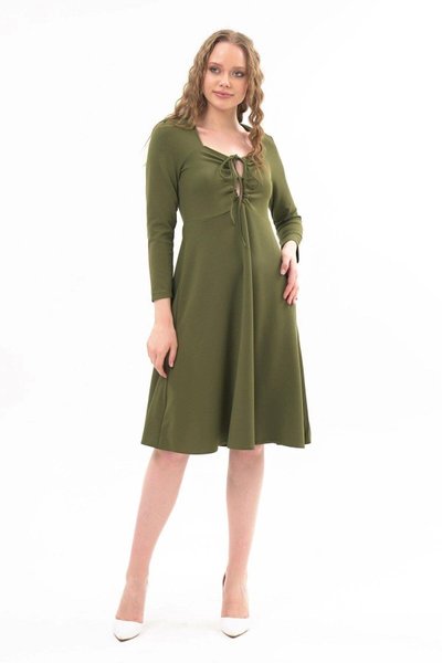 Khaki Midi Dress with Chest Tie Detail and Long Sleeves for Seasonal Wear