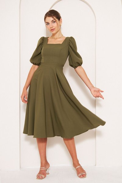 Khaki Midi Square Neck Short Puff Sleeve Dress with Elastic Sleeves and Draped Woven Fabric