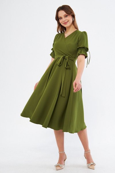 Khaki Midi Wrap Neck Ruched Short Sleeve Elastic Sleeve Belted Evening Dress