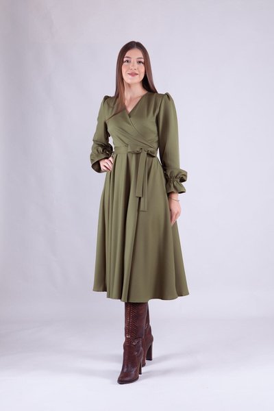 Haki Midi Kruvaze Yaka Uzun Kol Elbise