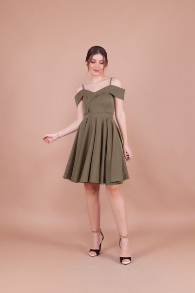 Khaki Mini Strappy Off-Shoulder Pleated Evening Dress