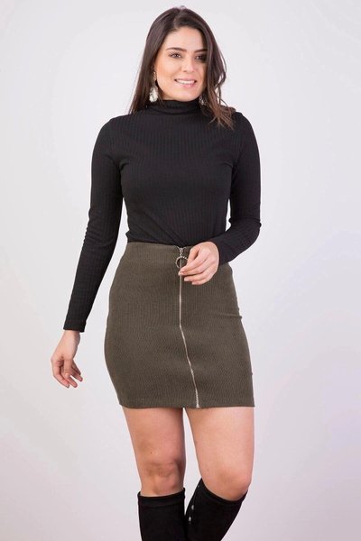 تنورة شتوية مخملية مضلعة بسحاب أمامي صغيرة بلون كاكي