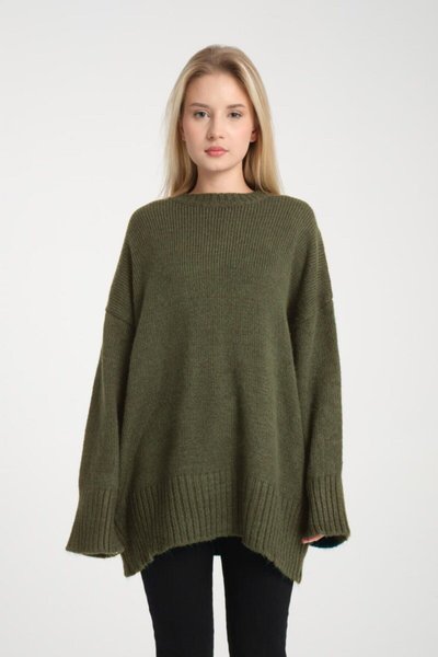 Haki Oversize Basic Uzun Kazak