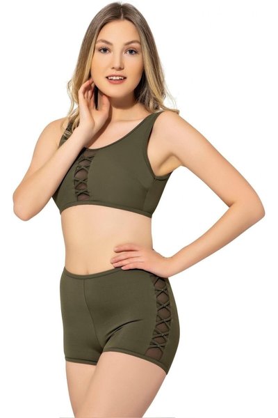 Haki Tül Detaylı Şortlu Bikini Takım