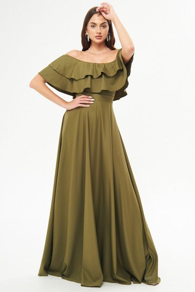 Khaki Long Off-Shoulder Double Layer Ruffle Detail Carmen Neck Flared Evening Dress