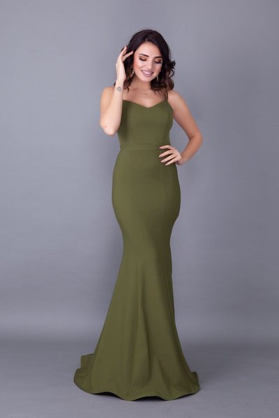Khaki Long Strappy Backless Mermaid Evening Dress with Lace-Up Back