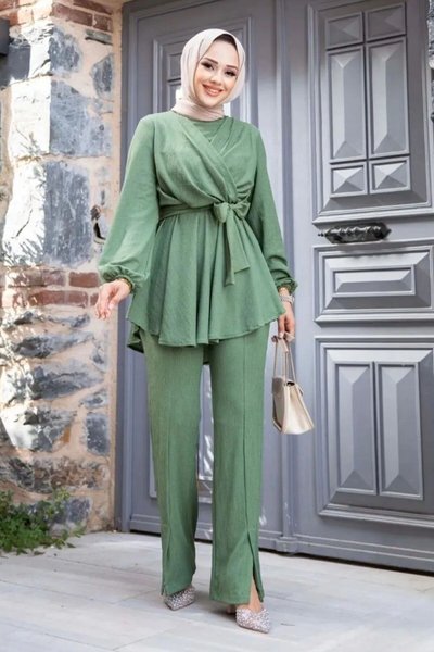Haki V Çaprazlı Pantolonlu İkili Tesettür Takım