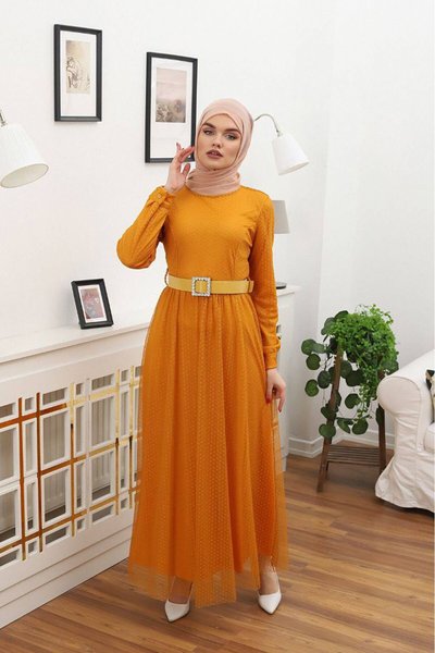 Mustard Polka Dot Crew Neck Modest Dress