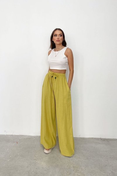 Hardal Boncuklu Oversize Keten Pantolon